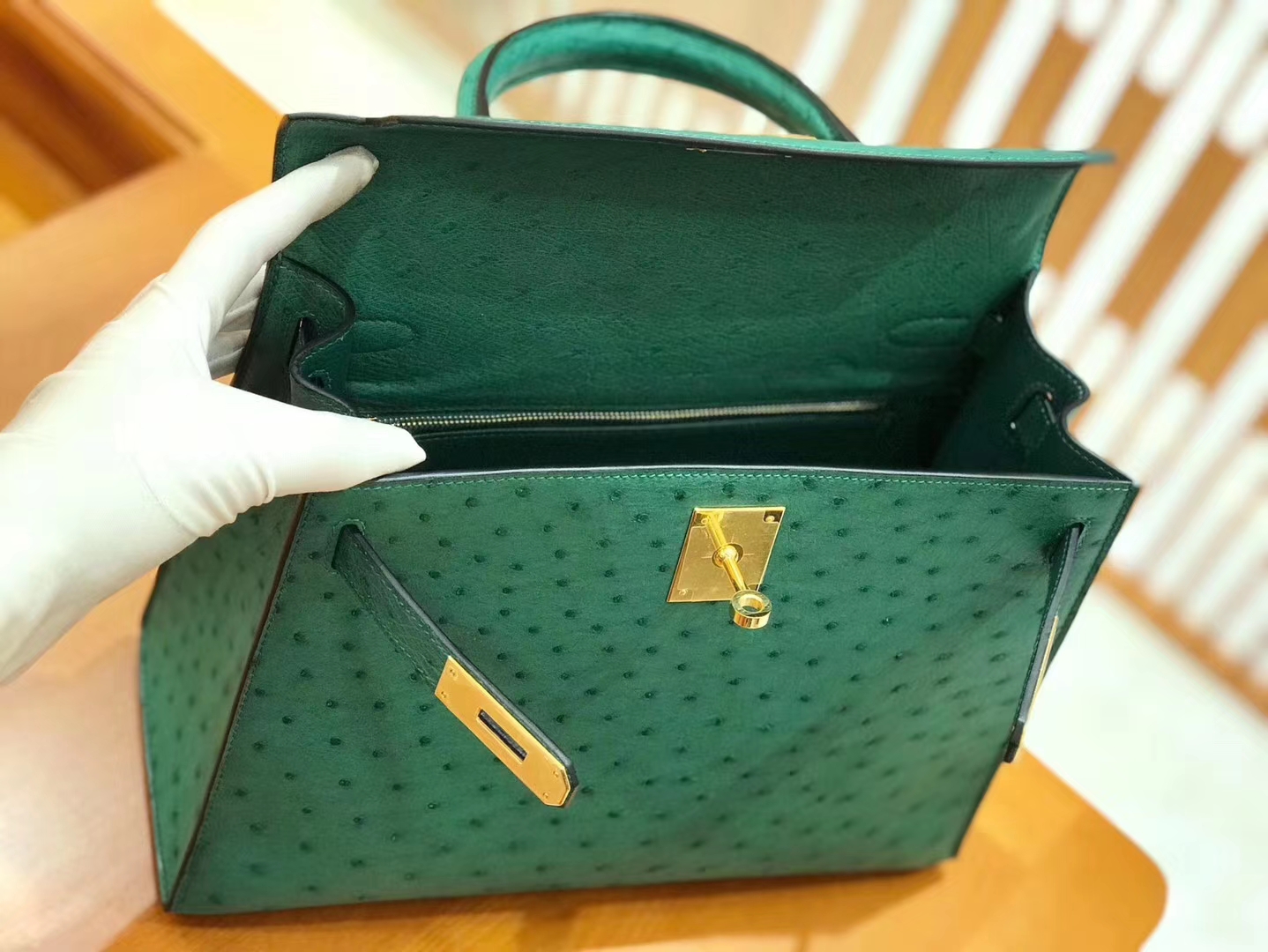 Hermès（爱马仕）Kelly 28cm 丝绒绿 金扣 南非kk级鸵鸟皮 原版蜜蜡线 顶级手工缝制