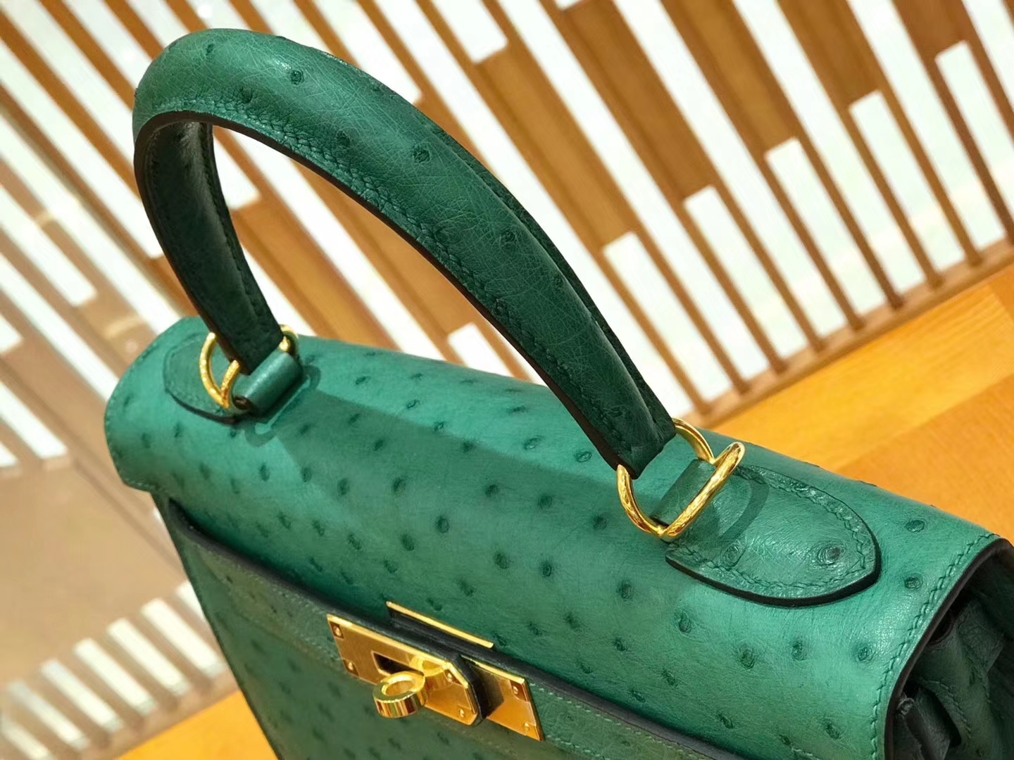 Hermès（爱马仕）Kelly 28cm 丝绒绿 金扣 南非kk级鸵鸟皮 原版蜜蜡线 顶级手工缝制