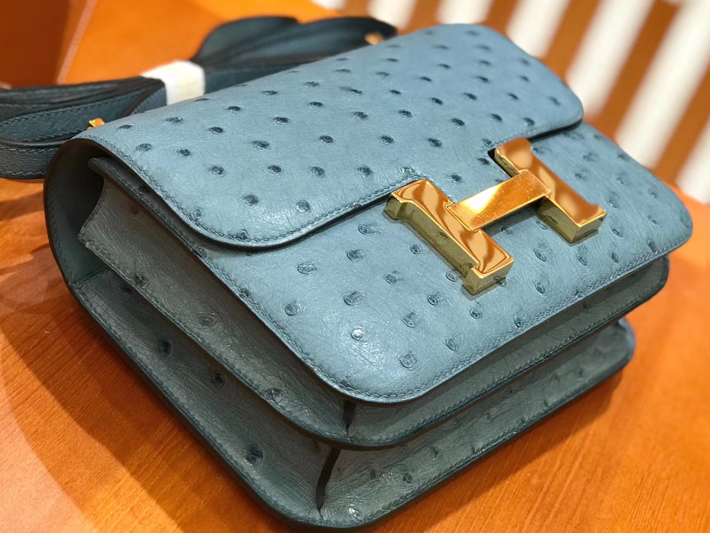 Hermès（爱马仕）Constance 18cm 牛仔蓝 南非KK级鸵鸟皮 金扣 原版蜜蜡线 顶级手缝