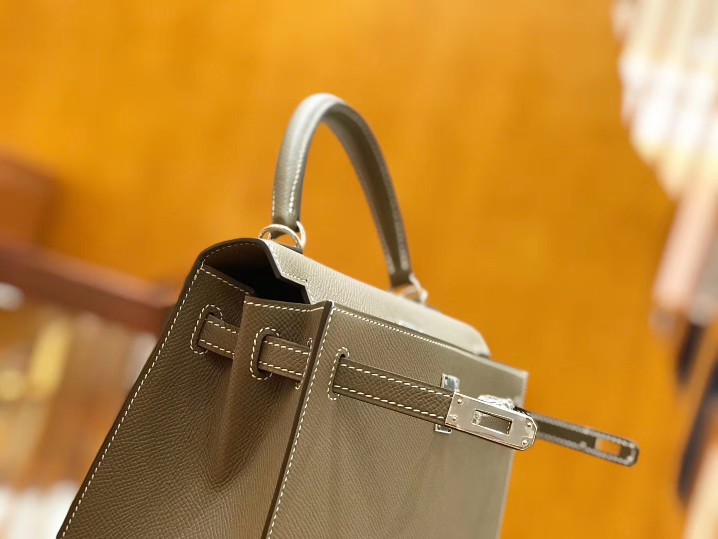 Hermès（爱马仕）Kelly 25cm 大象灰 掌纹小牛皮 银扣 原版蜜蜡线 顶级手工缝制