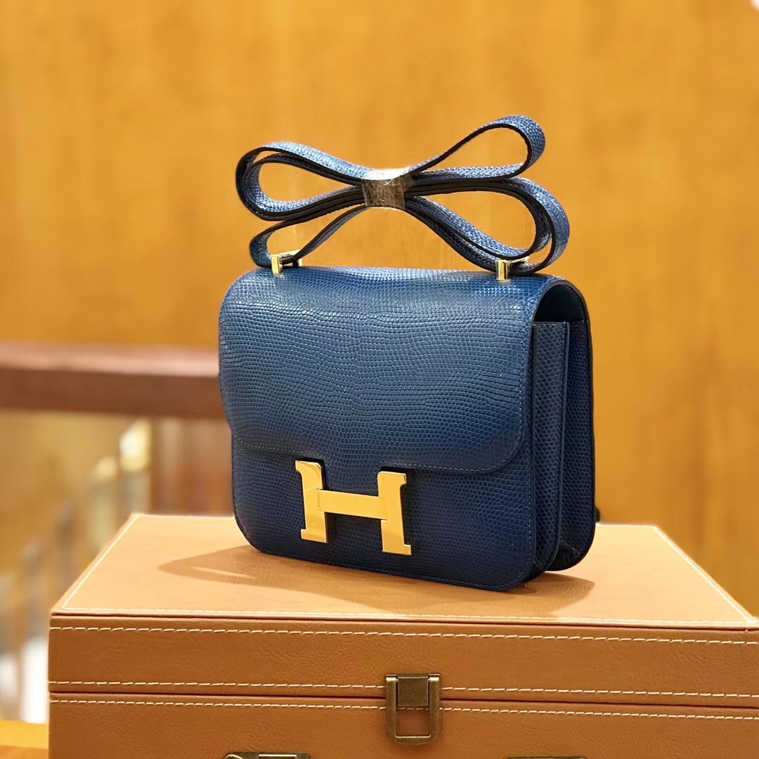 Hermès（爱马仕）Constance 18cm 海军蓝 南非蜥蜴皮 全手工缝制