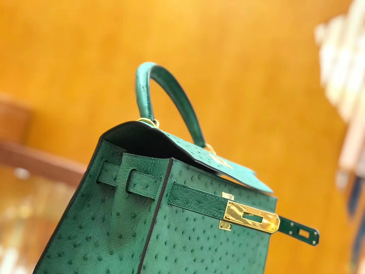 Hermès（爱马仕）Kelly 28cm 丝绒绿 金扣 南非kk级鸵鸟皮 原版蜜蜡线 顶级手工缝制
