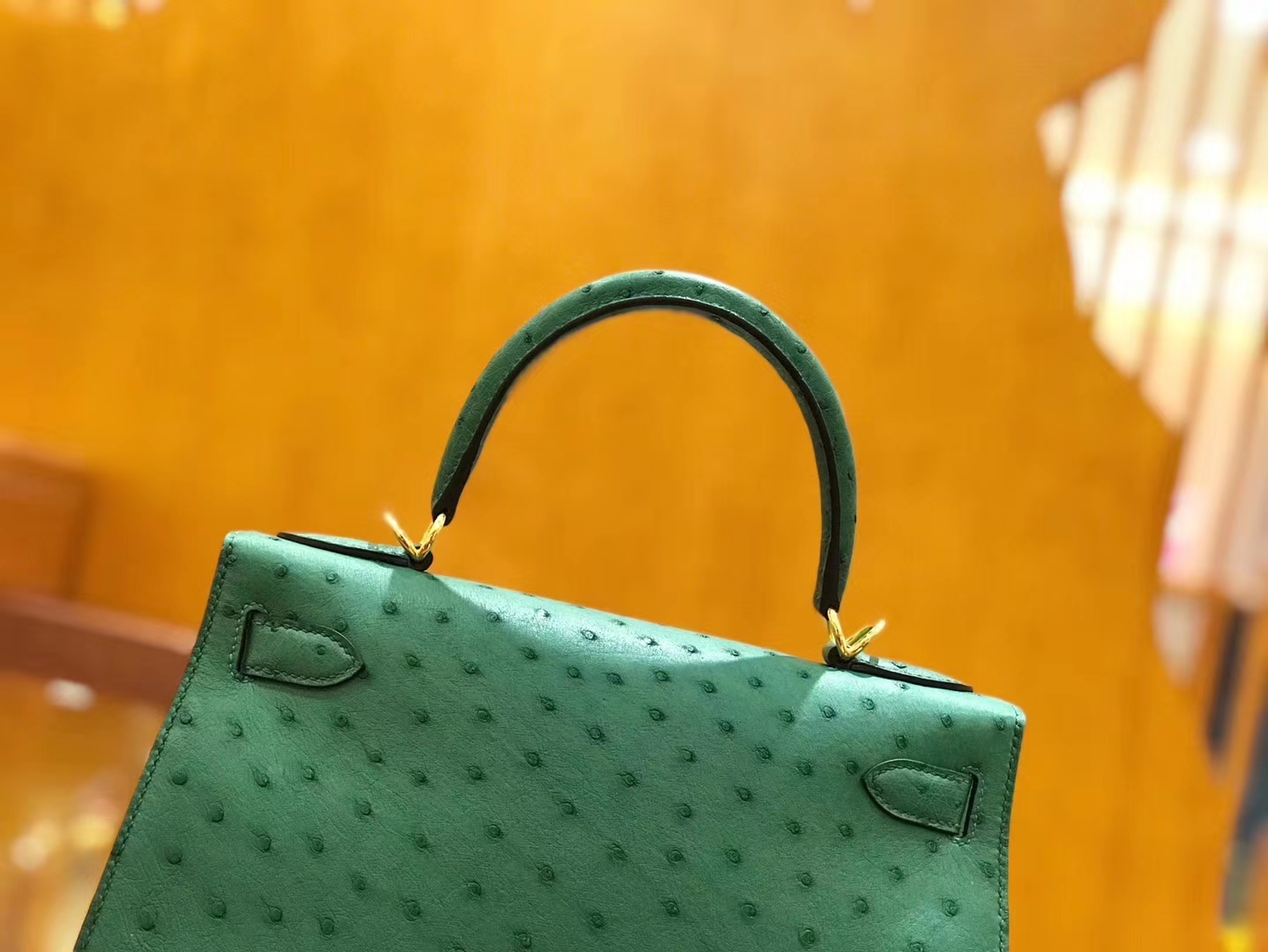 Hermès（爱马仕）Kelly 28cm 丝绒绿 金扣 南非kk级鸵鸟皮 原版蜜蜡线 顶级手工缝制
