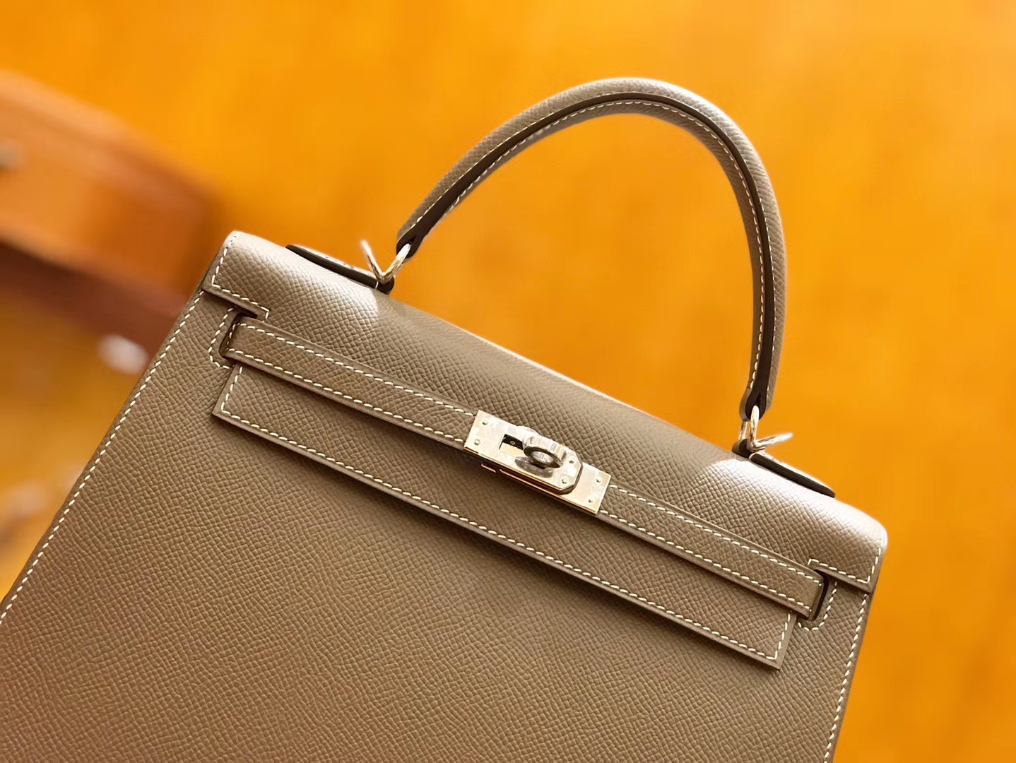 Hermès（爱马仕）Kelly 25cm 大象灰 掌纹小牛皮 银扣 原版蜜蜡线 顶级手工缝制