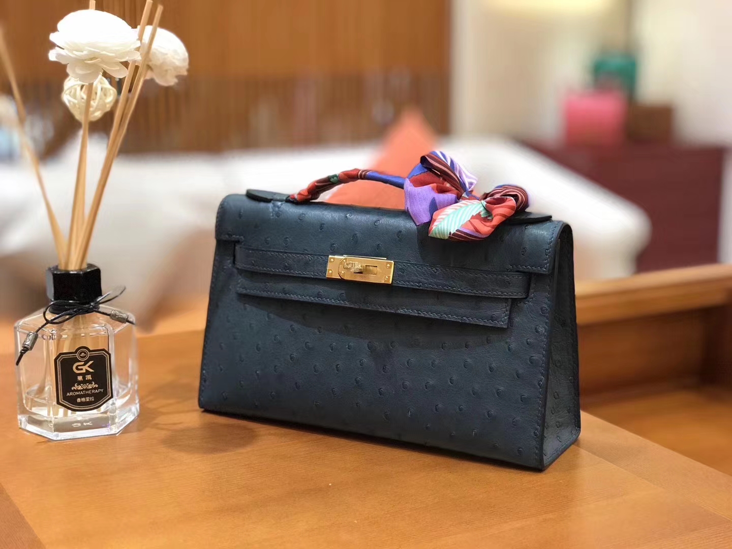 Hermès（爱马仕）Mini kelly 22cm 南非kk级鸵鸟皮 靛蓝色 原版蜜蜡线 顶级手工缝制