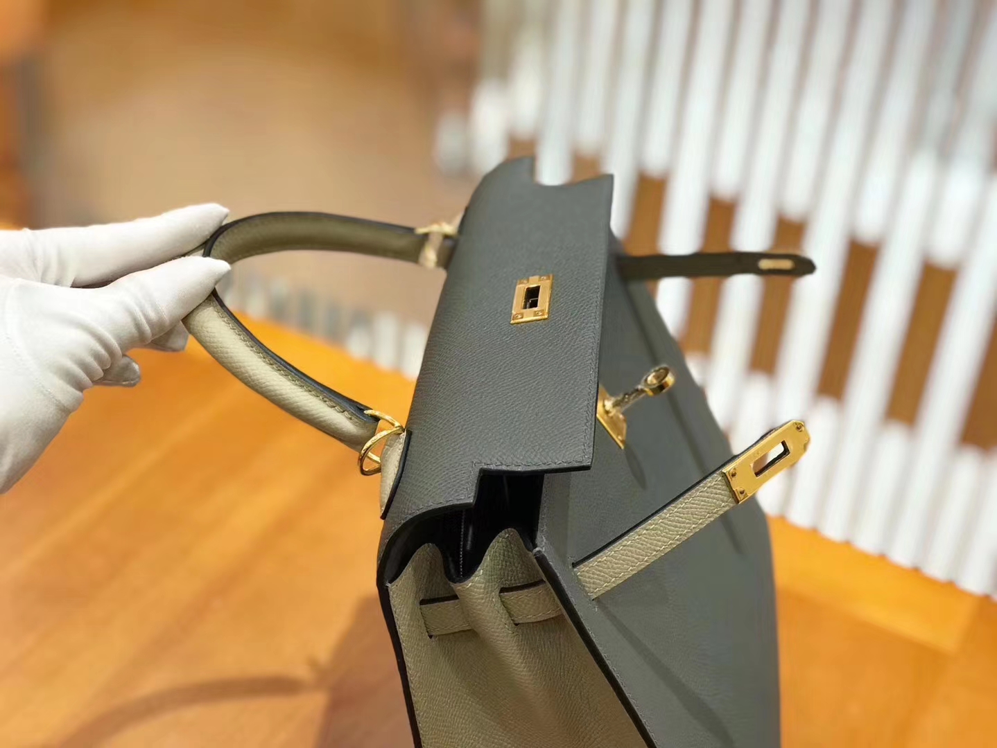 Hermès（爱马仕）Kelly 25cm 锡器灰拼斑鸠灰 掌纹小牛皮 金扣 原版蜜蜡线 顶级手工缝制