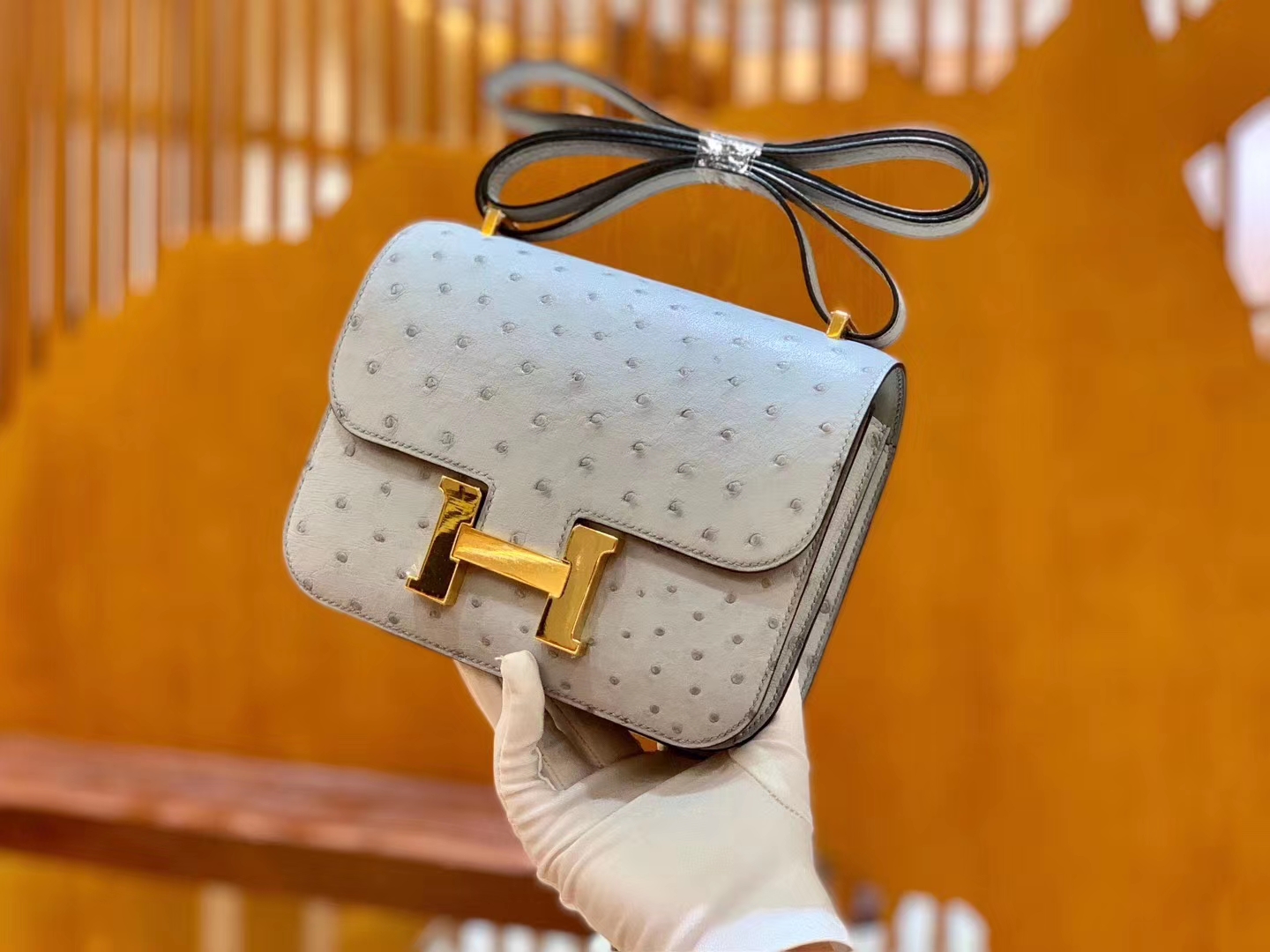 Hermès（爱马仕）Constance 18cm 冰川蓝 南非KK级鸵鸟皮 金扣 原版蜜蜡线 顶级手缝