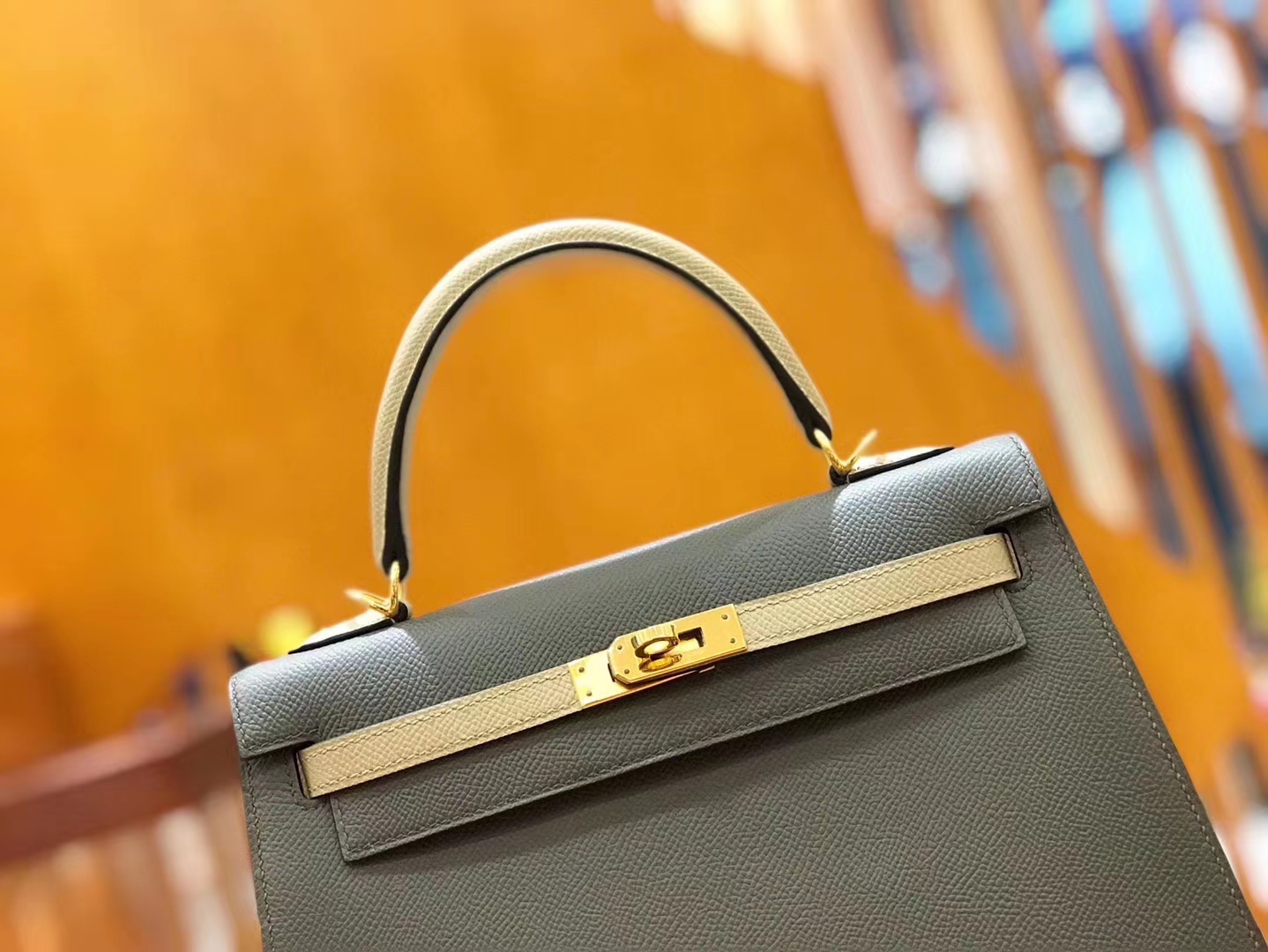 Hermès（爱马仕）Kelly 25cm 锡器灰拼斑鸠灰 掌纹小牛皮 金扣 原版蜜蜡线 顶级手工缝制