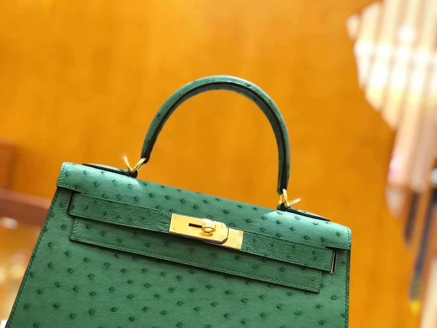 Hermès（爱马仕）Kelly 28cm 丝绒绿 金扣 南非kk级鸵鸟皮 原版蜜蜡线 顶级手工缝制