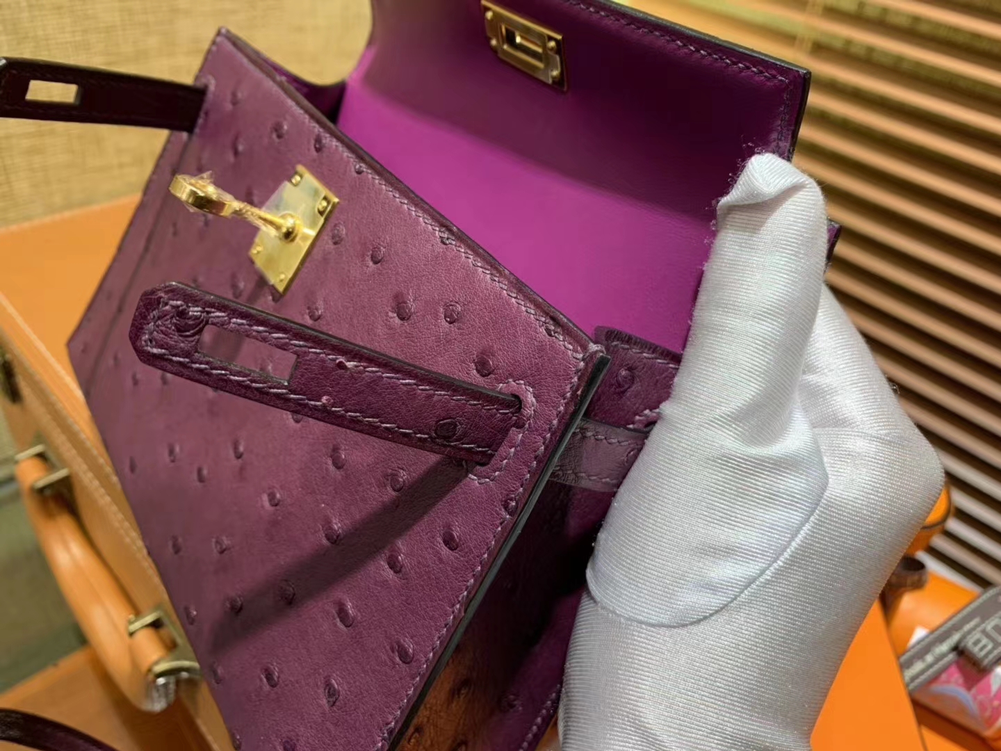 Hermès（爱马仕）Mini kelly 19cm 海葵紫 南非KK级鸵鸟皮 金扣 原版蜜蜡线 顶级手工