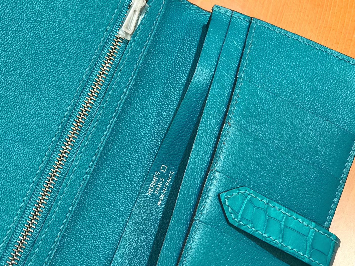 Hermès（爱马仕）Bearn 长夹 孔雀蓝 一级美洲鳄鱼皮 银扣 原版蜜蜡线 顶级手工