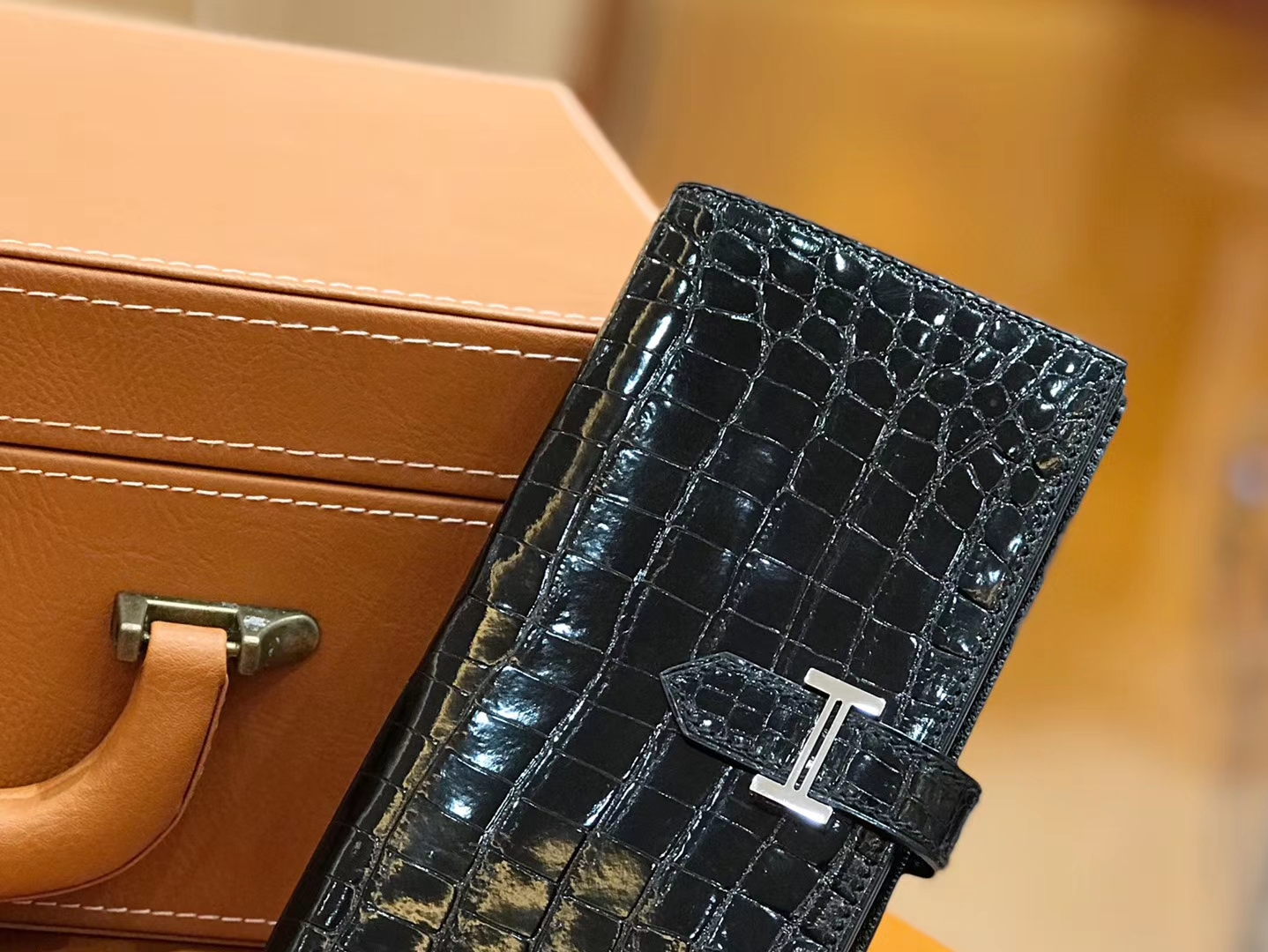 Hermès（爱马仕）Bearn 长夹 经典黑 一级尼罗鳄鱼皮 银扣 原版蜜蜡线 顶级手工