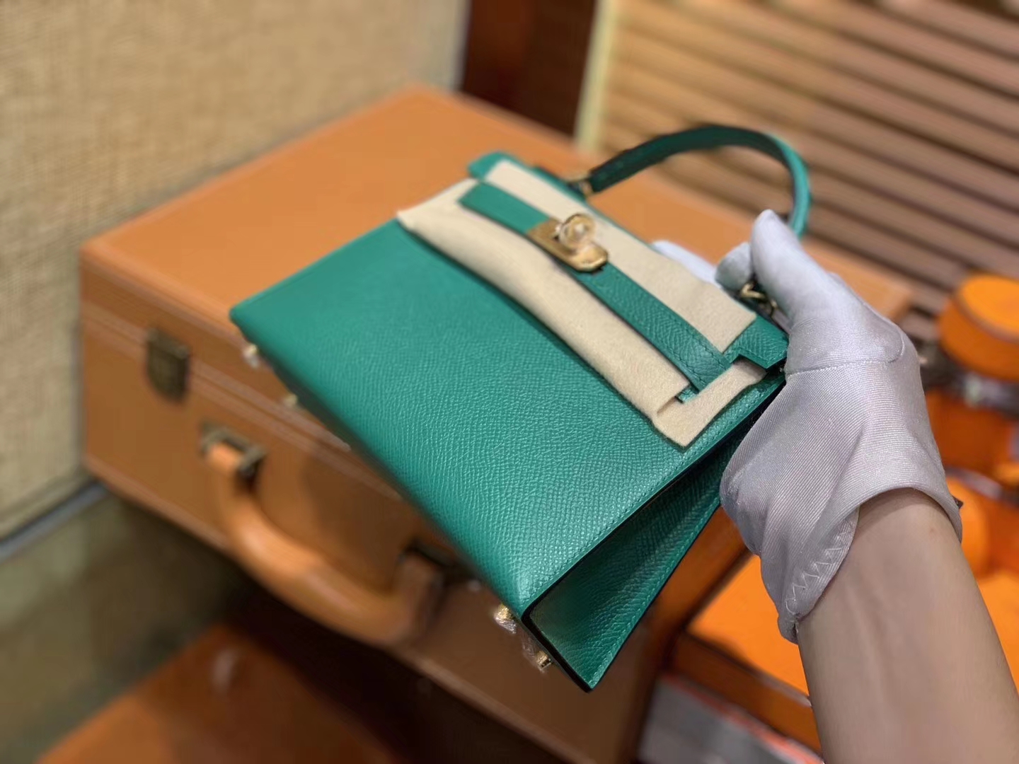 Hermès（爱马仕）Mini kelly 二代 孔雀绿 Epsom 掌纹小牛皮 金扣 原版蜜蜡线 顶级手工缝制