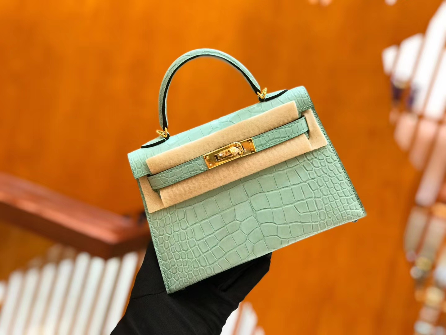 Hermès（爱马仕）Mini kelly 二代 薄荷绿 一级美洲鳄鱼皮 金扣 原版蜜蜡线 顶级手工缝制