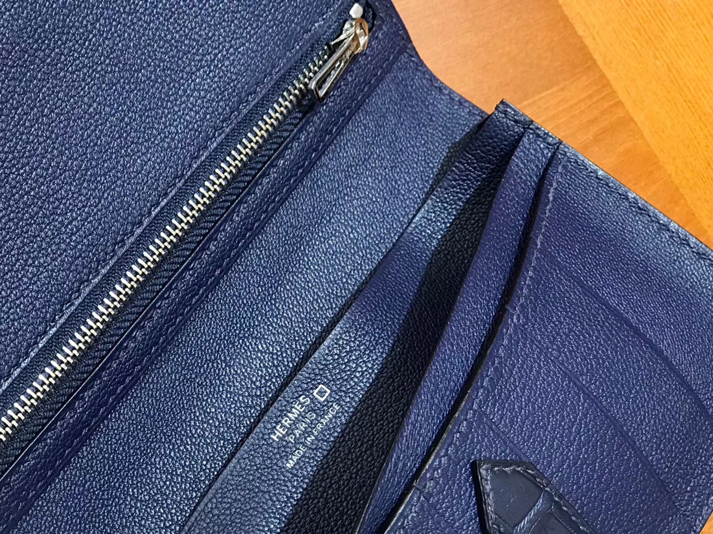 Hermès（爱马仕）Bearn 长夹 午夜蓝 一级美洲鳄鱼皮 银扣 原版蜜蜡线 顶级手工