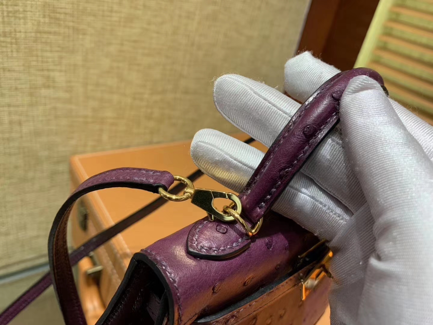 Hermès（爱马仕）Mini kelly 19cm 海葵紫 南非KK级鸵鸟皮 金扣 原版蜜蜡线 顶级手工