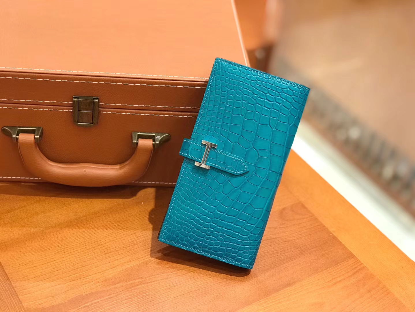 Hermès（爱马仕）Bearn 长夹 孔雀蓝 一级美洲鳄鱼皮 银扣 原版蜜蜡线 顶级手工