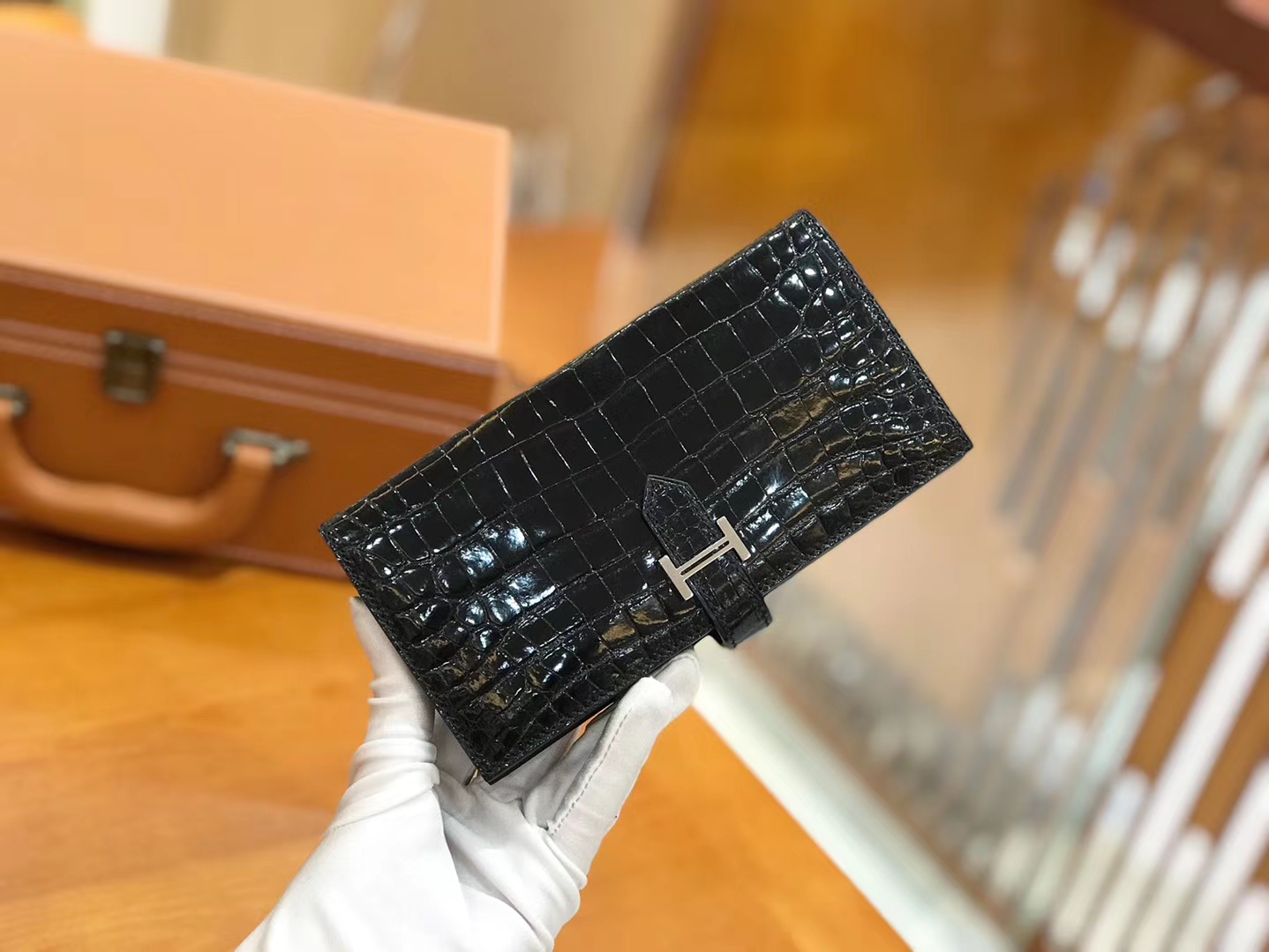 Hermès（爱马仕）Bearn 长夹 经典黑 一级尼罗鳄鱼皮 银扣 原版蜜蜡线 顶级手工