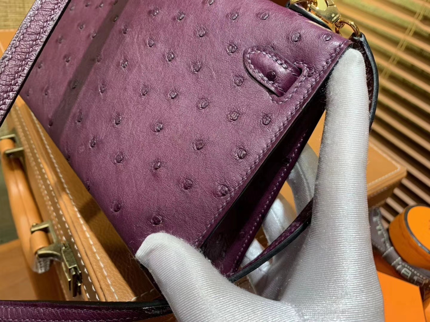 Hermès（爱马仕）Mini kelly 19cm 海葵紫 南非KK级鸵鸟皮 金扣 原版蜜蜡线 顶级手工