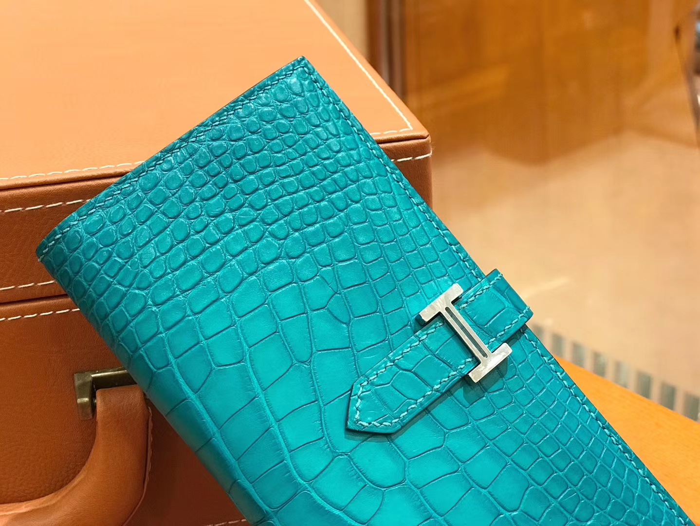 Hermès（爱马仕）Bearn 长夹 孔雀蓝 一级美洲鳄鱼皮 银扣 原版蜜蜡线 顶级手工