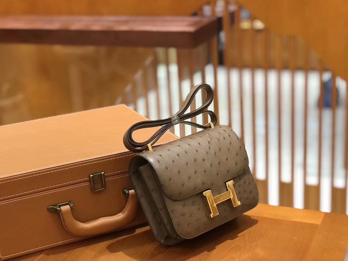 Hermès（爱马仕）Constance 18cm 摩卡 南非KK级鸵鸟皮 金扣 原版蜜蜡线 顶级手工
