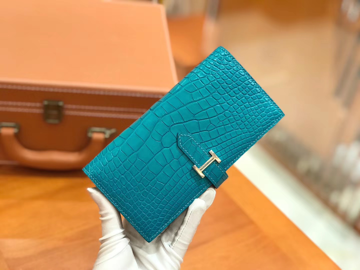 Hermès（爱马仕）Bearn 长夹 孔雀蓝 一级美洲鳄鱼皮 银扣 原版蜜蜡线 顶级手工