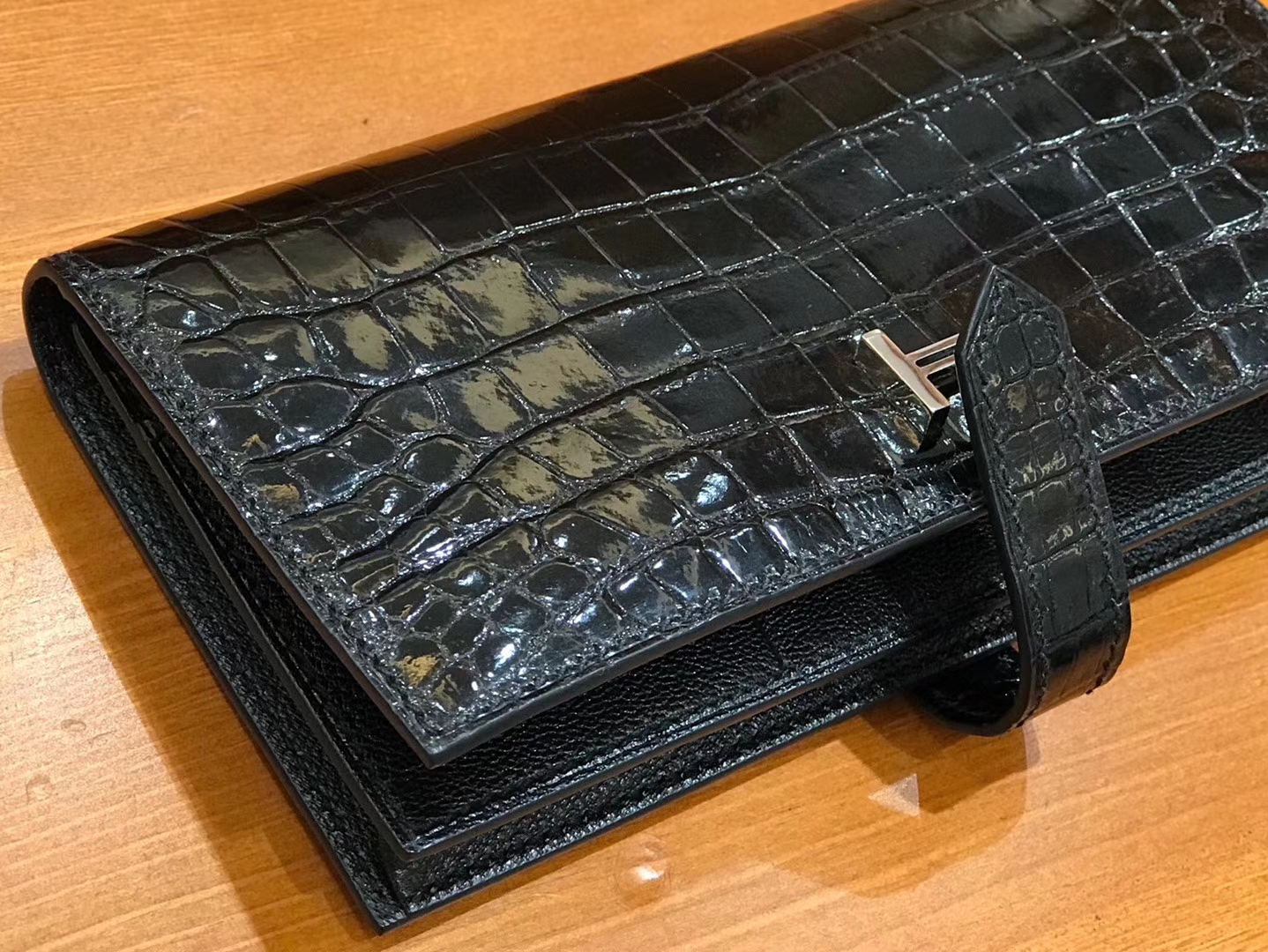 Hermès（爱马仕）Bearn 长夹 经典黑 一级尼罗鳄鱼皮 银扣 原版蜜蜡线 顶级手工