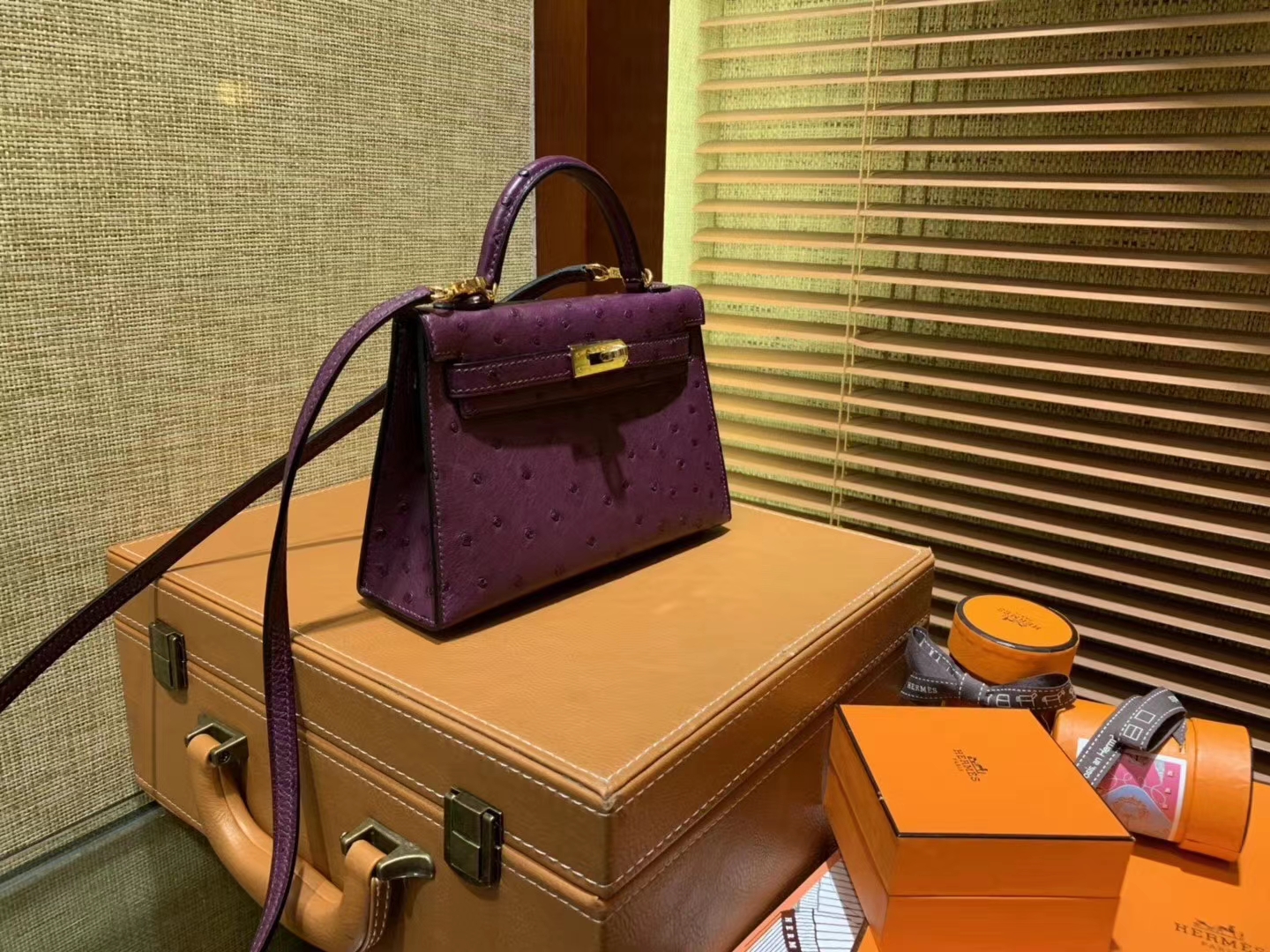 Hermès（爱马仕）Mini kelly 19cm 海葵紫 南非KK级鸵鸟皮 金扣 原版蜜蜡线 顶级手工