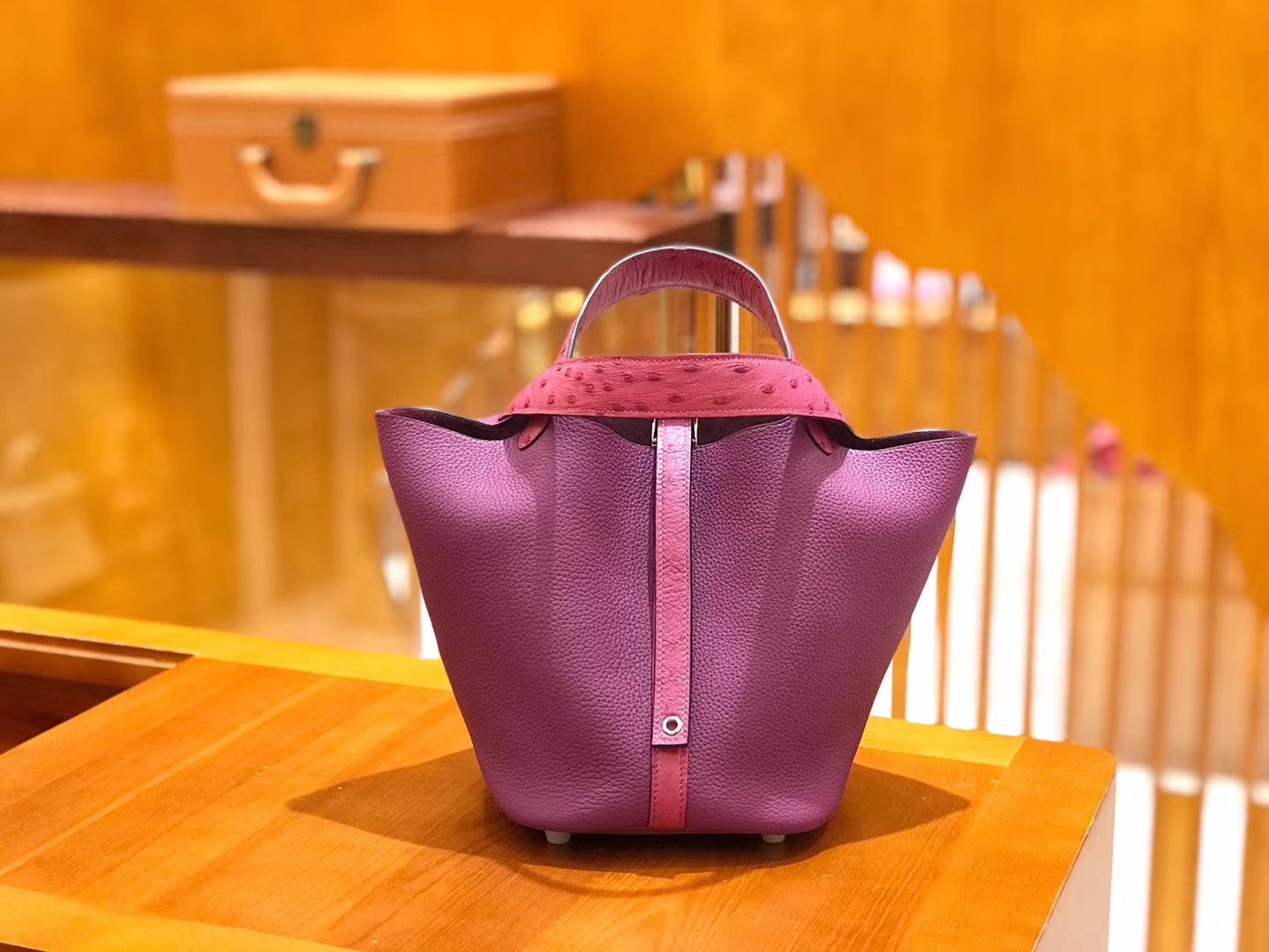 Hermès（爱马仕）Picotin 18cm 鸢尾紫 海葵紫 Togo牛皮拼鸵鸟皮 银扣 全手工缝制 现货供应