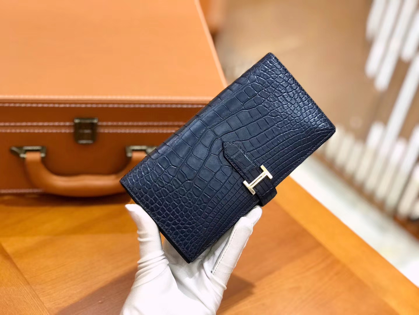 Hermès（爱马仕）Bearn 长夹 午夜蓝 一级美洲鳄鱼皮 银扣 原版蜜蜡线 顶级手工