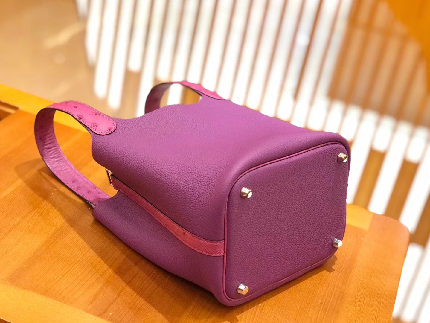 Hermès（爱马仕）Picotin 18cm 鸢尾紫 海葵紫 Togo牛皮拼鸵鸟皮 银扣 全手工缝制 现货供应