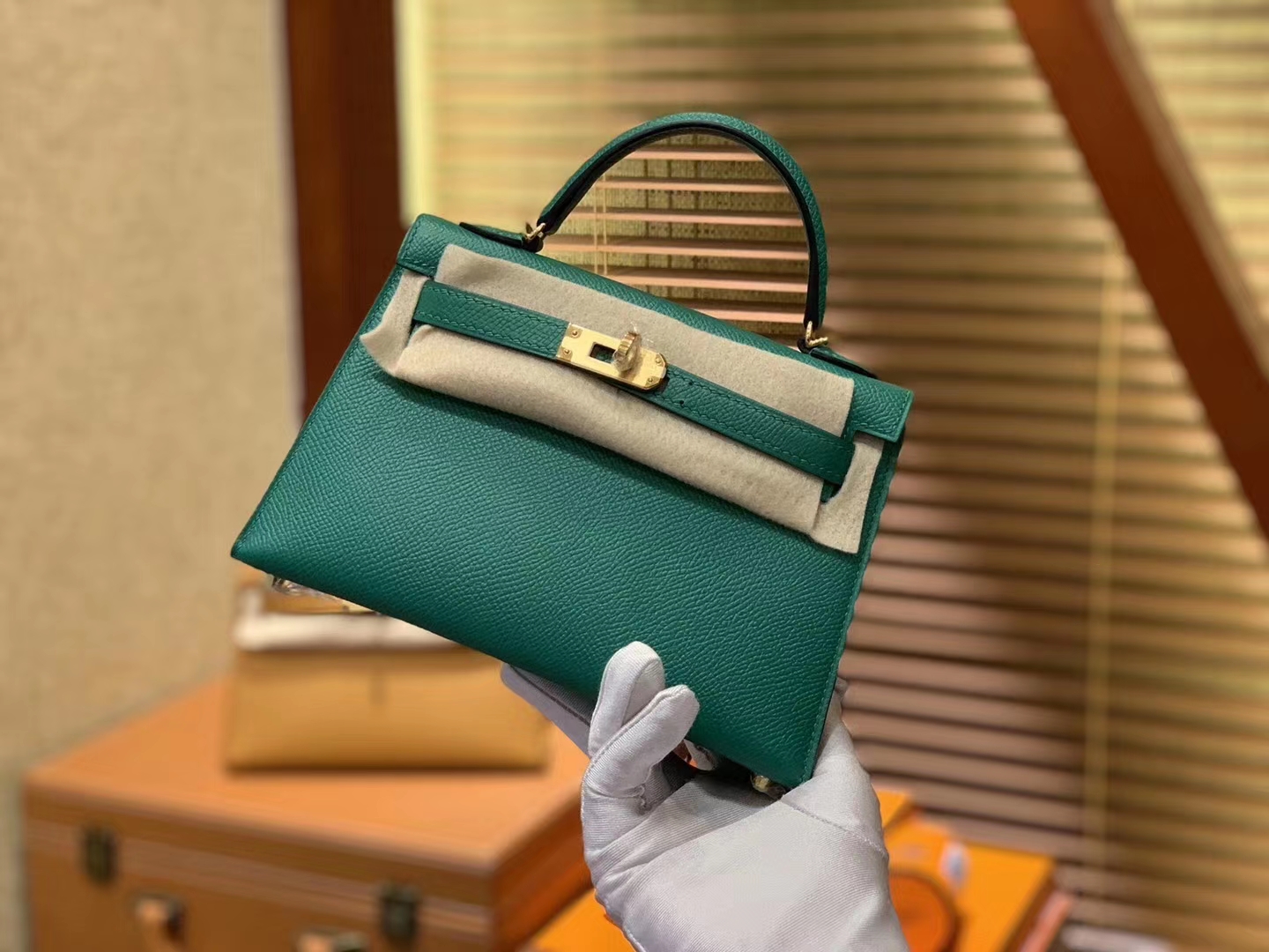 Hermès（爱马仕）Mini kelly 二代 孔雀绿 Epsom 掌纹小牛皮 金扣 原版蜜蜡线 顶级手工缝制