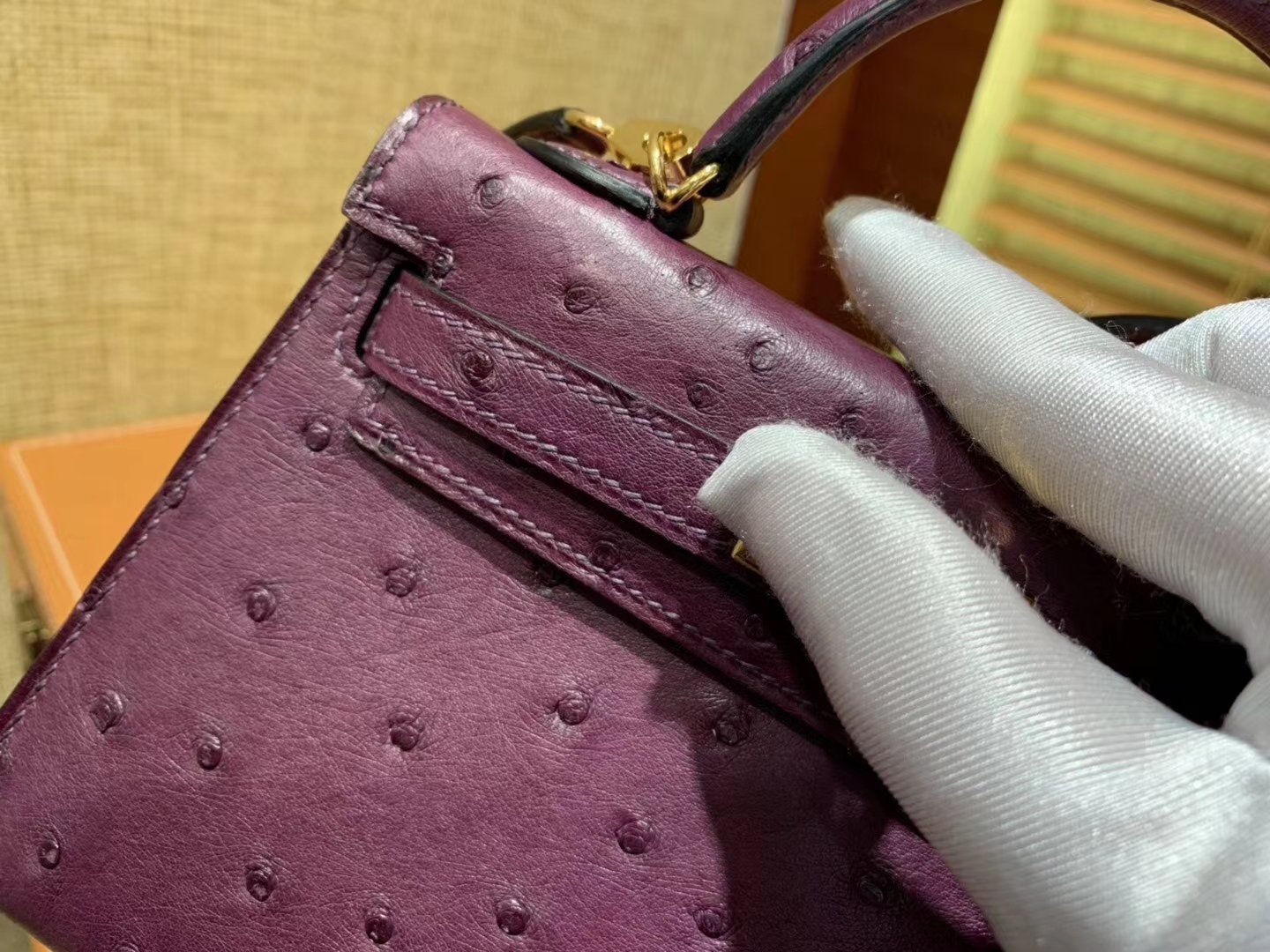 Hermès（爱马仕）Mini kelly 19cm 海葵紫 南非KK级鸵鸟皮 金扣 原版蜜蜡线 顶级手工