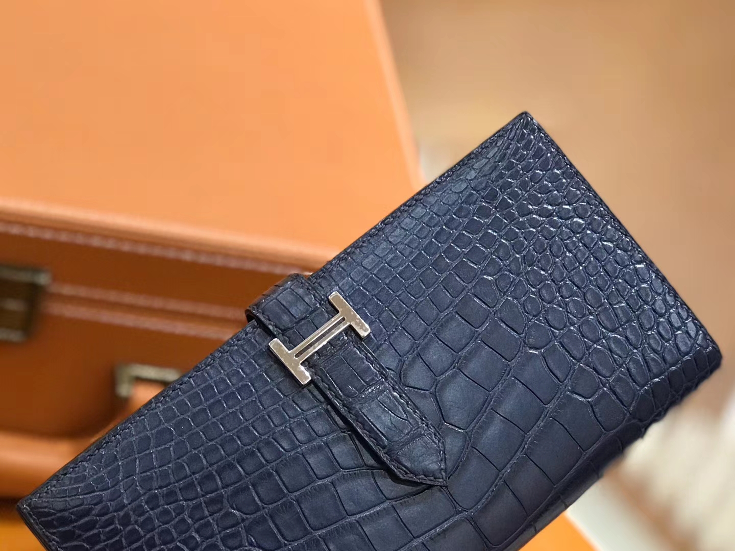 Hermès（爱马仕）Bearn 长夹 午夜蓝 一级美洲鳄鱼皮 银扣 原版蜜蜡线 顶级手工