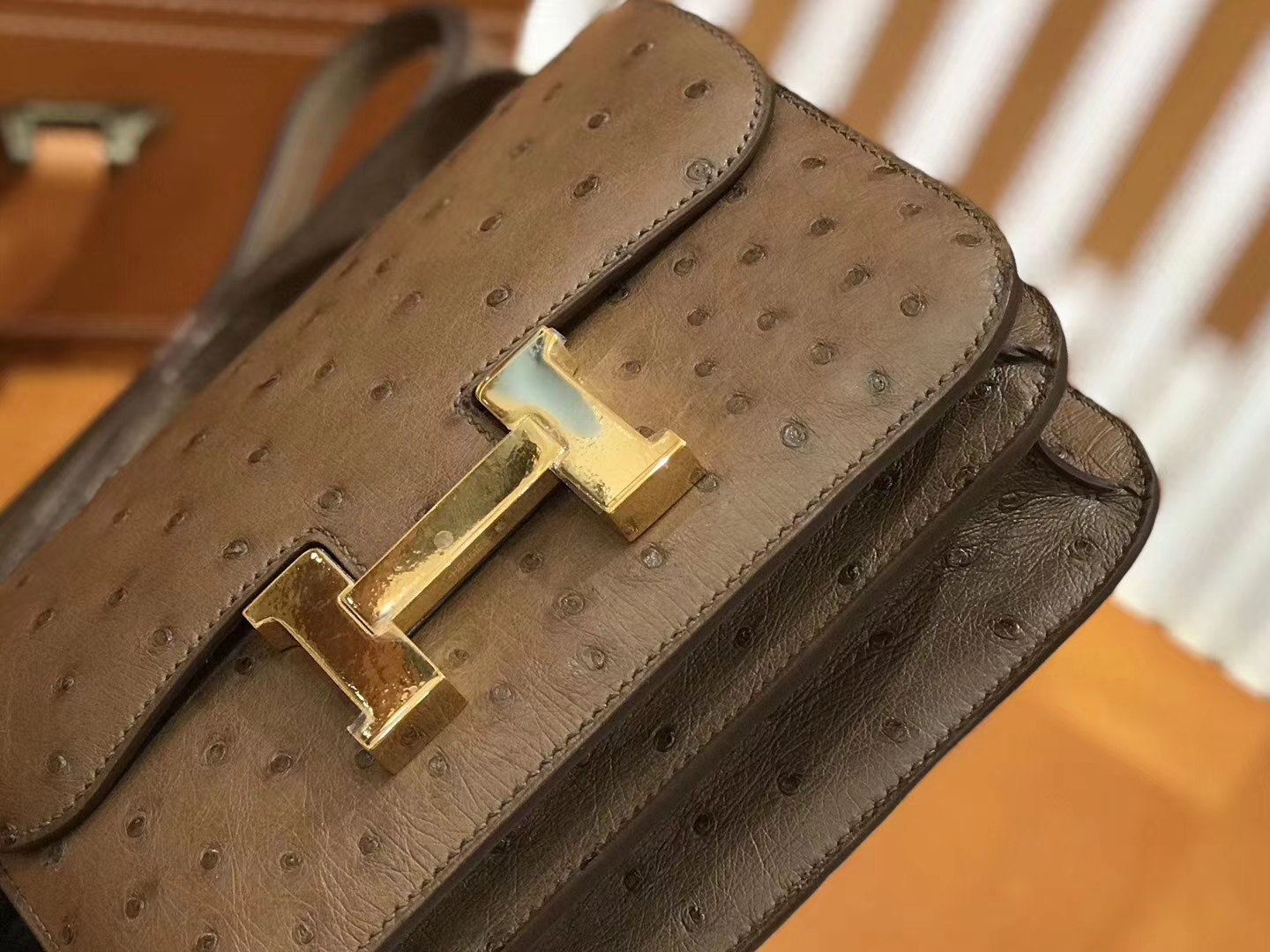 Hermès（爱马仕）Constance 18cm 摩卡 南非KK级鸵鸟皮 金扣 原版蜜蜡线 顶级手工