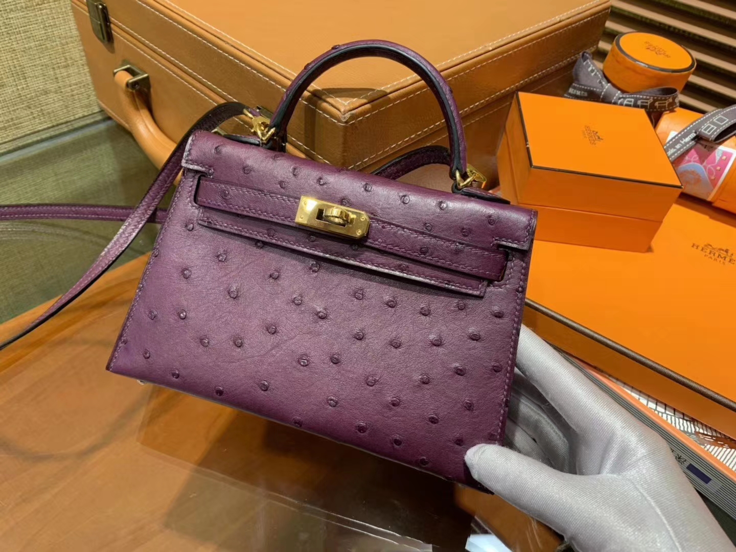 Hermès（爱马仕）Mini kelly 19cm 海葵紫 南非KK级鸵鸟皮 金扣 原版蜜蜡线 顶级手工