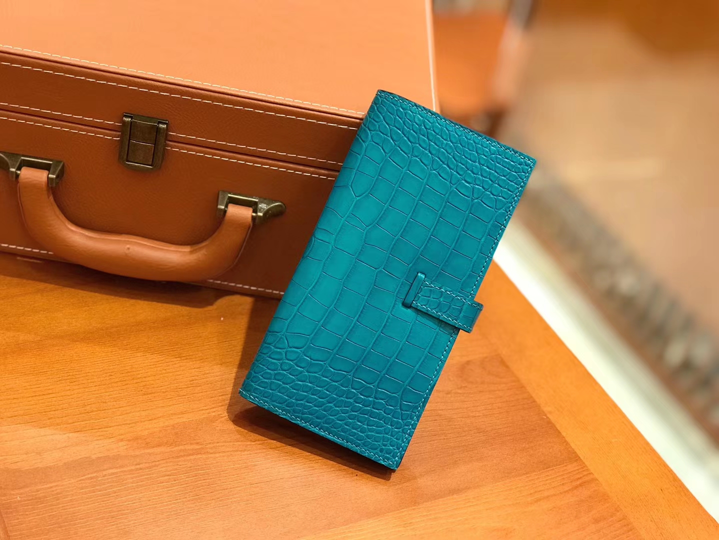 Hermès（爱马仕）Bearn 长夹 孔雀蓝 一级美洲鳄鱼皮 银扣 原版蜜蜡线 顶级手工