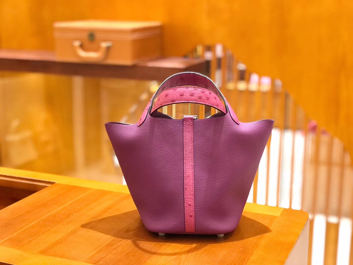 Hermès（爱马仕）Picotin 18cm 鸢尾紫 海葵紫 Togo牛皮拼鸵鸟皮 银扣 全手工缝制 现货供应
