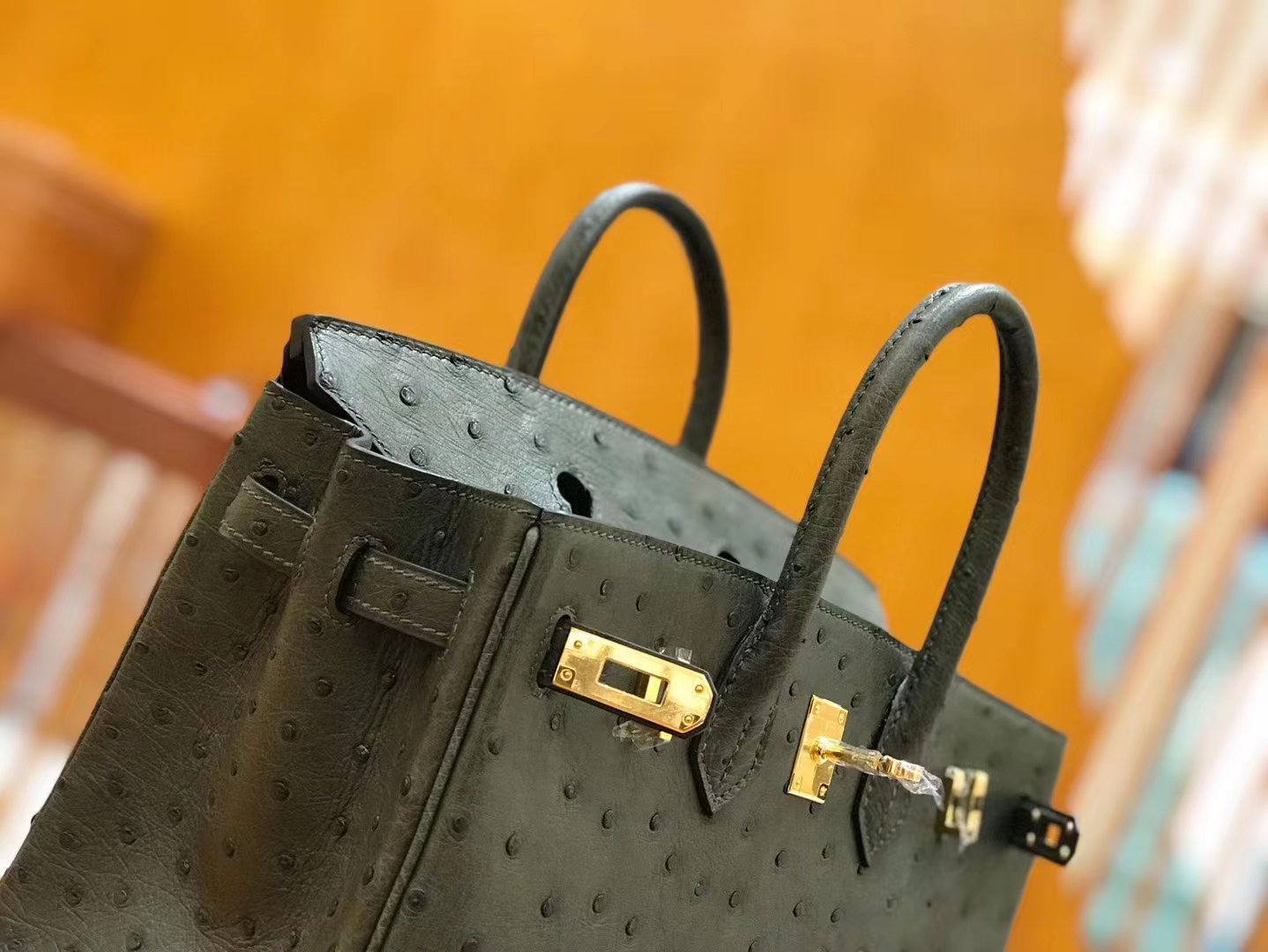 Hermès（爱马仕）Birkin 25cm 松柏绿 南非KK鸵鸟皮 金扣 原版蜜蜡线 顶级手缝 现货