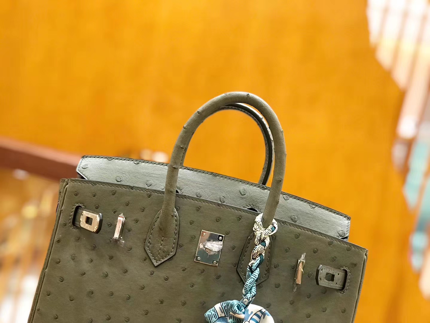 Hermès（爱马仕）Birkin 25cm 豆沙绿 南非KK鸵鸟皮 银扣 原版蜜蜡线 顶级手缝