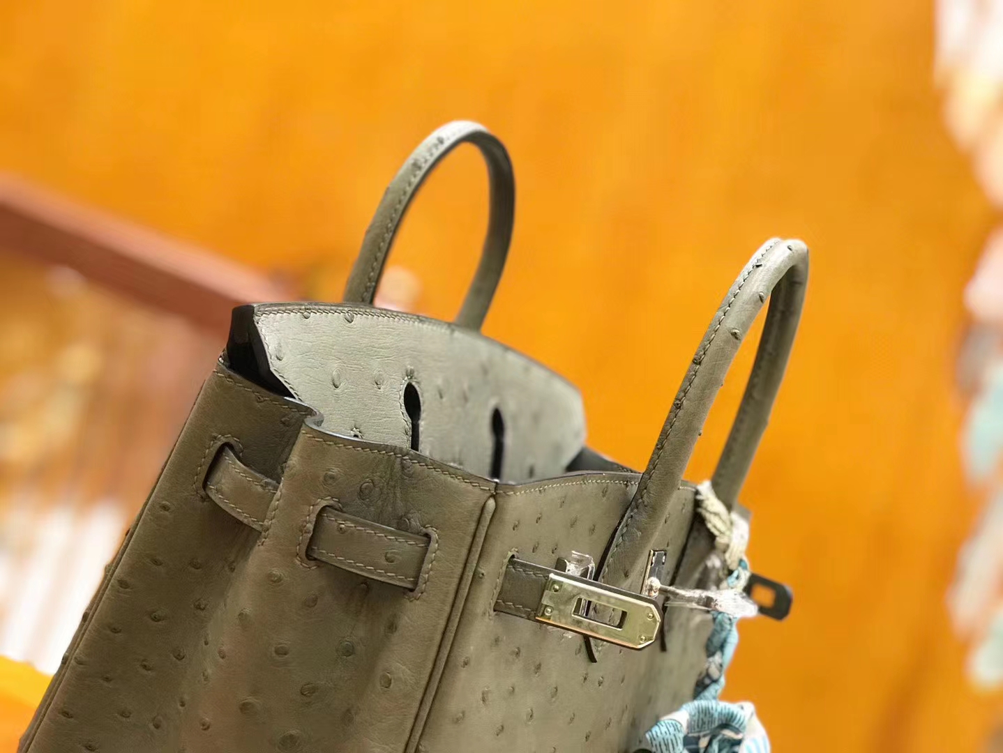 Hermès（爱马仕）Birkin 25cm 豆沙绿 南非KK鸵鸟皮 银扣 原版蜜蜡线 顶级手缝