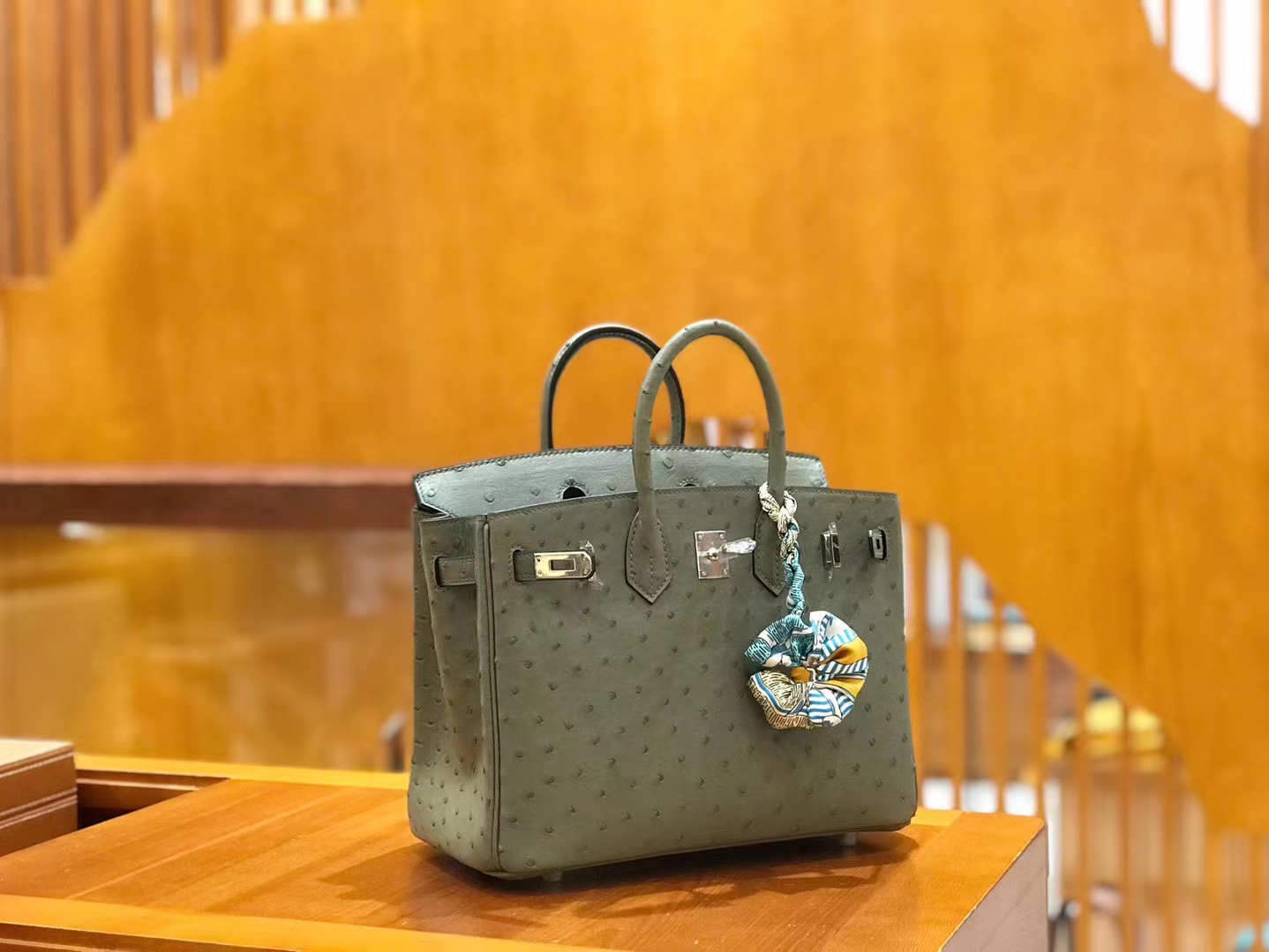 Hermès（爱马仕）Birkin 25cm 豆沙绿 南非KK鸵鸟皮 银扣 原版蜜蜡线 顶级手缝