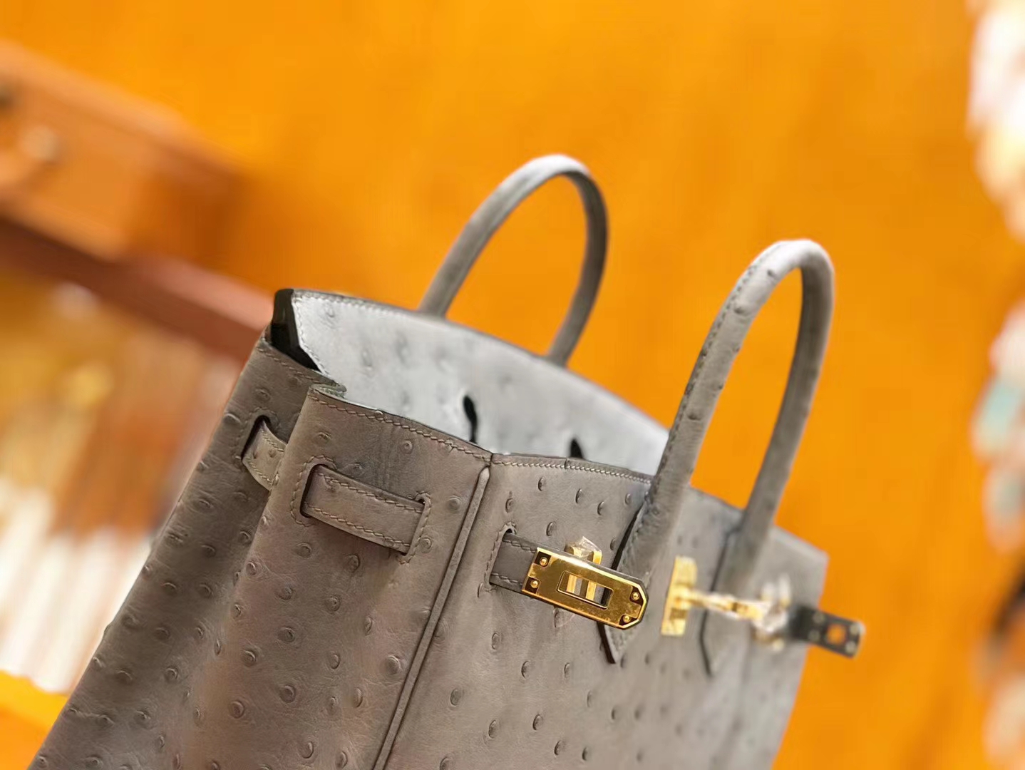 Hermès（爱马仕）新增现货 Birkin 25cm 玛瑙灰 南非KK级鸵鸟皮 金扣  原版蜜蜡线 顶级手工缝制