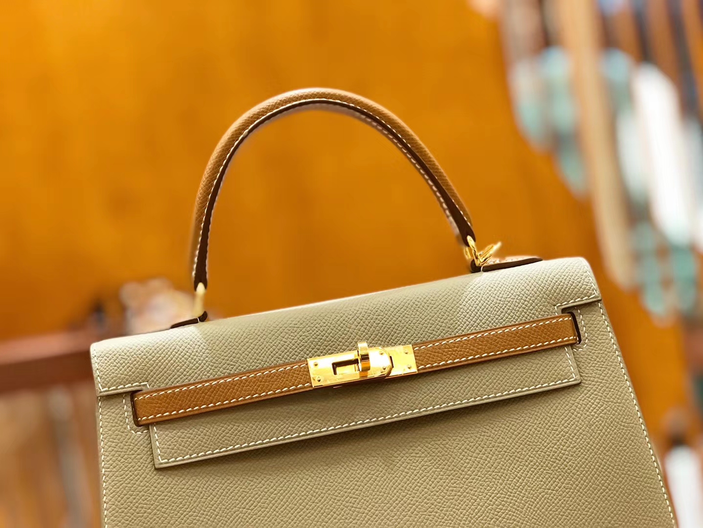 Hermès（爱马仕）Kelly 25cm 斑鸠灰拼金棕 Epsom 掌纹小牛皮 金扣 原版蜜蜡线 顶级手缝