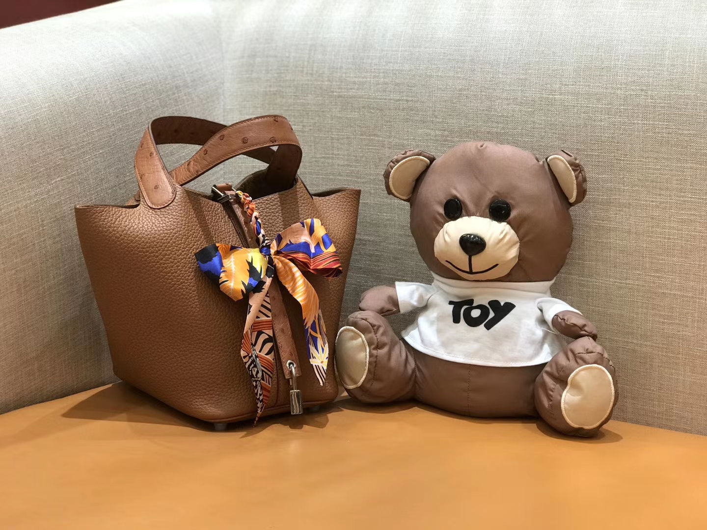 Hermès（爱马仕）菜篮子 18cm 焦糖色 鸵鸟皮拼togo小牛皮 原版蜜蜡线 顶级手缝