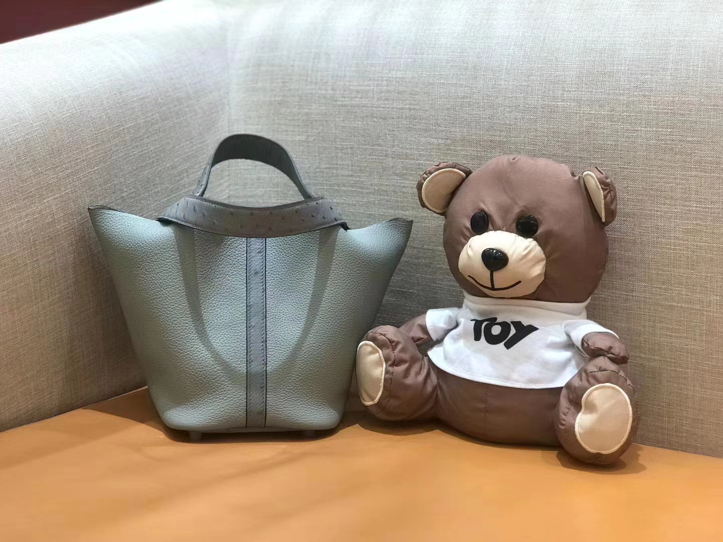Hermès（爱马仕）菜篮子 18cm 豆沙绿 鸵鸟皮拼togo小牛皮 原版蜜蜡线 顶级手缝