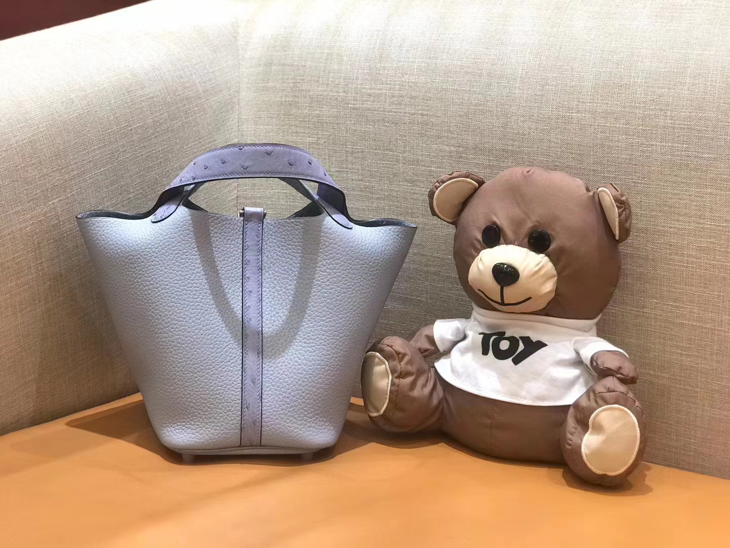 Hermès（爱马仕）菜篮子 18cm 亚麻蓝 鸵鸟皮拼togo小牛皮 原版蜜蜡线 顶级手缝