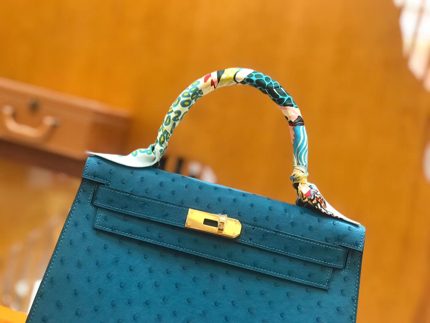 Hermès（爱马仕）kelly 28cm 孔雀蓝 进口kk鸵鸟皮 蜡线 全手工缝制