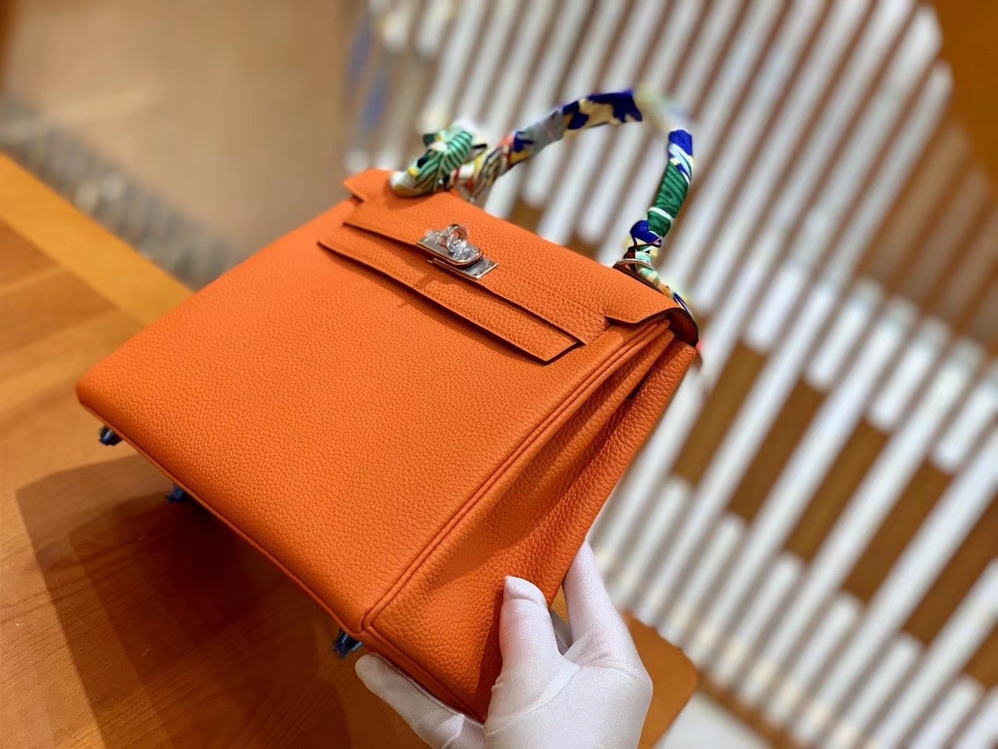 Hermès（爱马仕）Kelly 25cm togo 牛皮 橙色 鳄鱼皮工序版本 全手工缝制