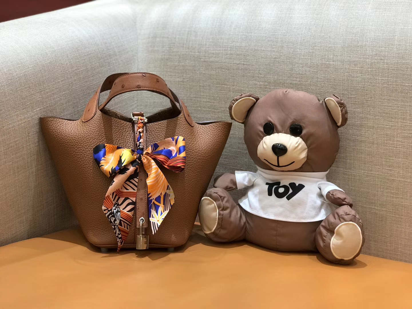 Hermès（爱马仕）菜篮子 18cm 焦糖色 鸵鸟皮拼togo小牛皮 原版蜜蜡线 顶级手缝
